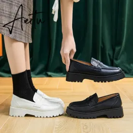 Aiertu  Spring Shoes Female British Style New Thick-soled College Style Casual Loafers Genuine Leather Fashion Shoes Girls