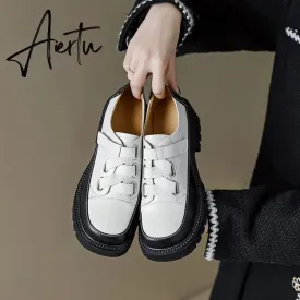 Aiertu Spring/Autumn Women Shoes Split Leather Shoes Round Toe Lace Up Platform Shoes Color Mixed Thick Heel Loafers for Women Sneakers