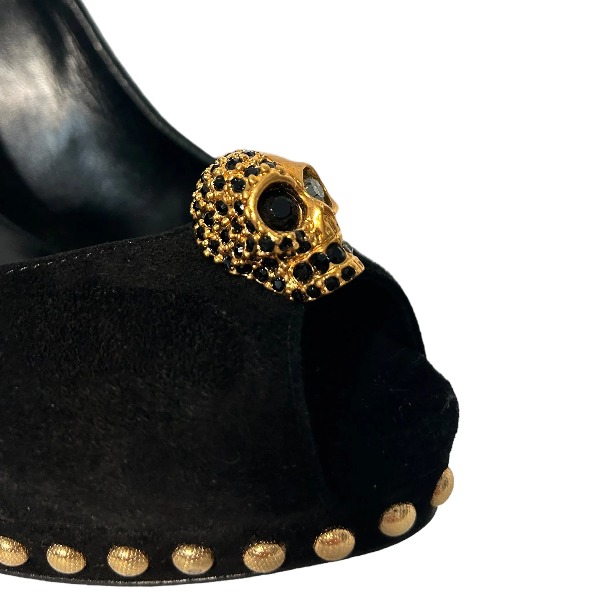 Alexander McQueen Alexander McQueen Black Suede Crystal Embellished Skull Peep Toe Platform Pumps Size 38