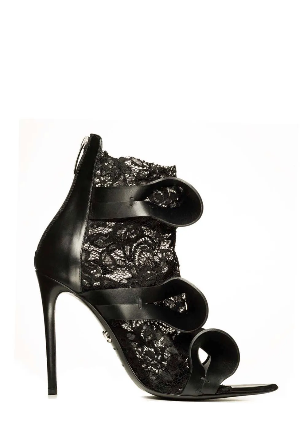 ALIX BLACK LEATHER & BLACK LACE SANDALS