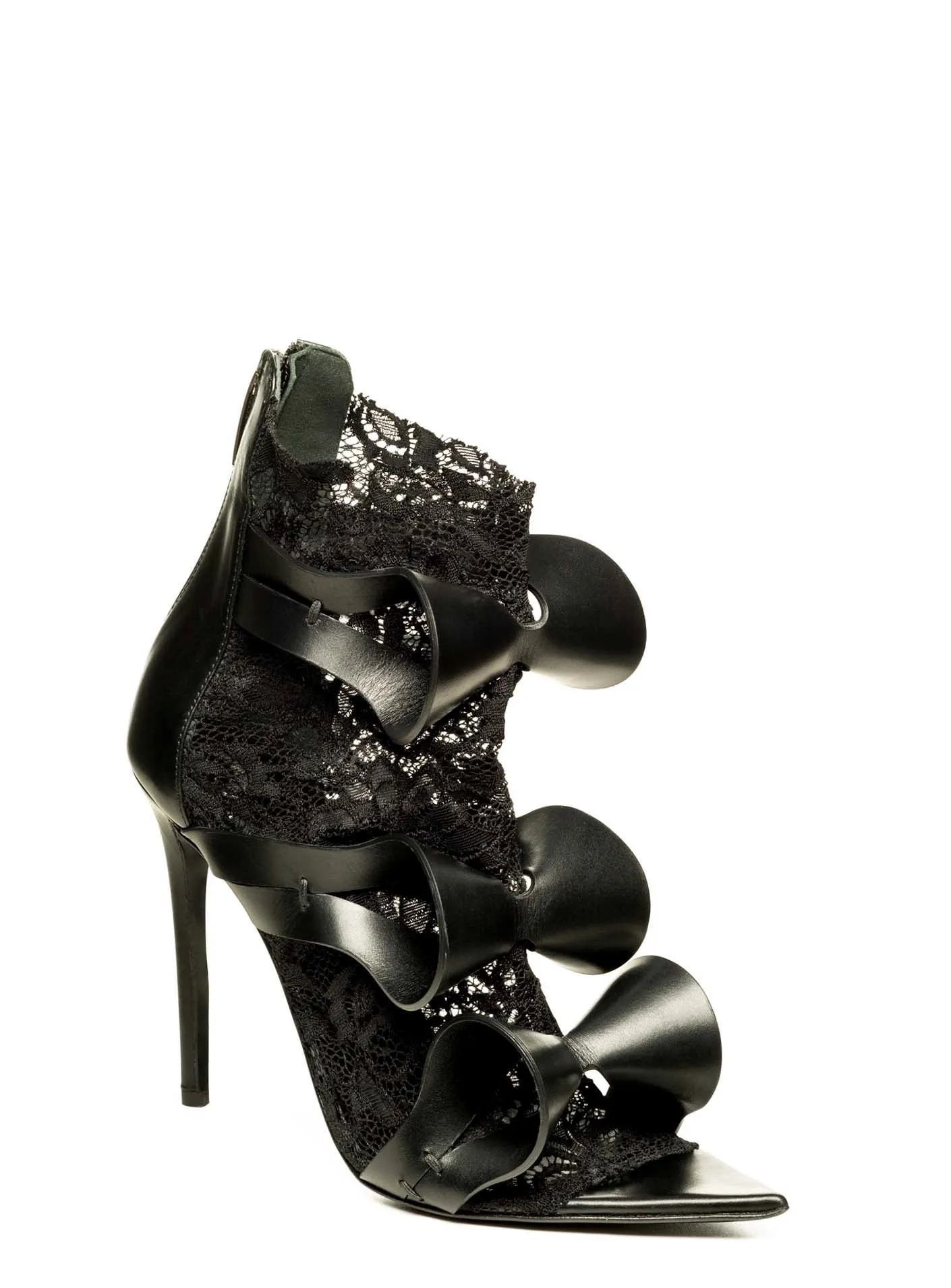 ALIX BLACK LEATHER & BLACK LACE SANDALS