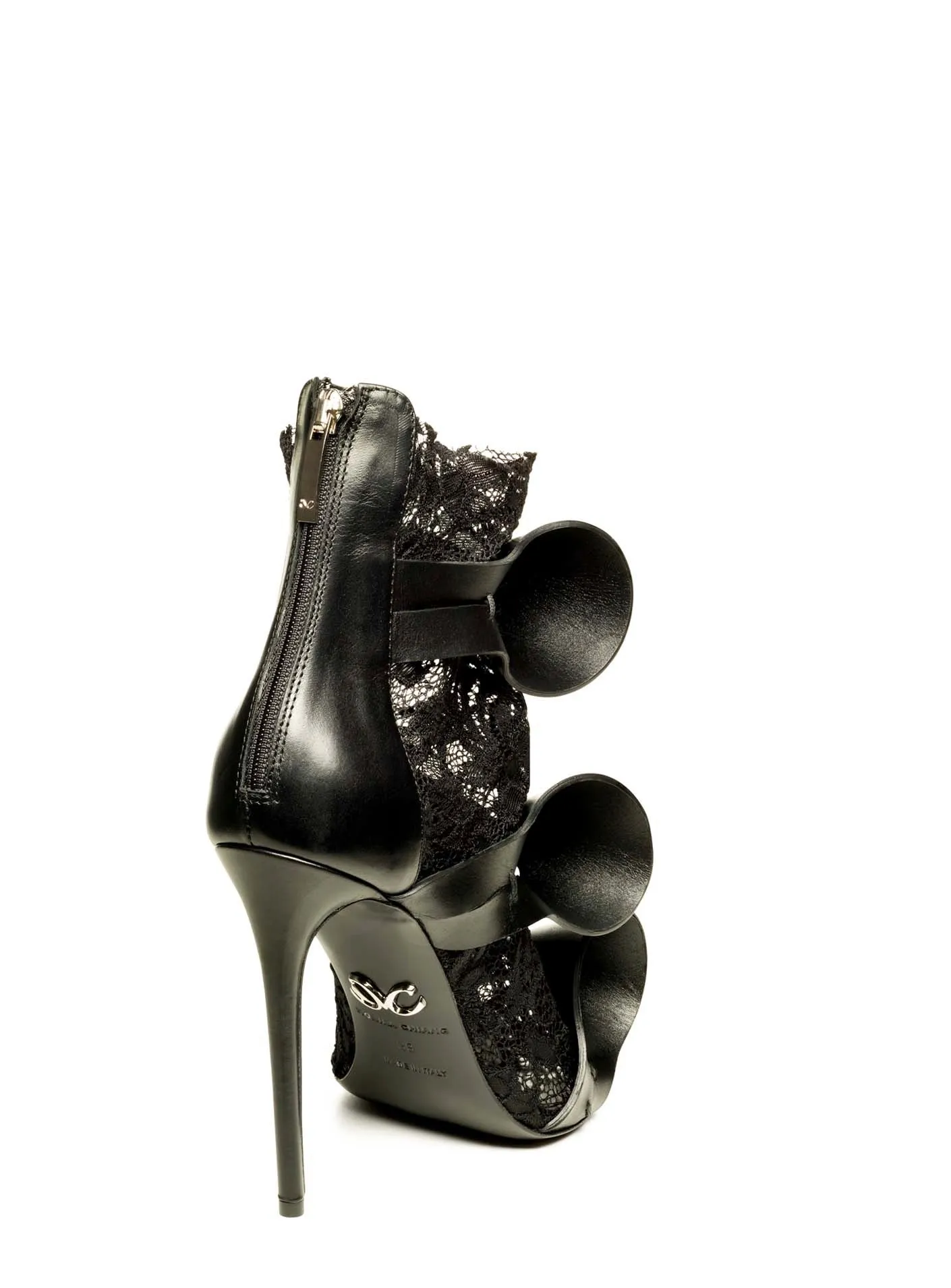 ALIX BLACK LEATHER & BLACK LACE SANDALS