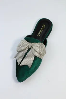 Annabel Green Rhinestone Suede Bow Mules