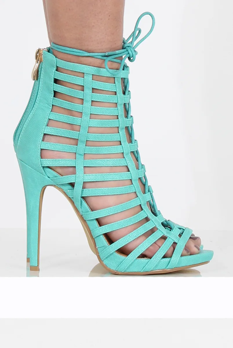 Aqua Caged Lace Up Heels - Jane