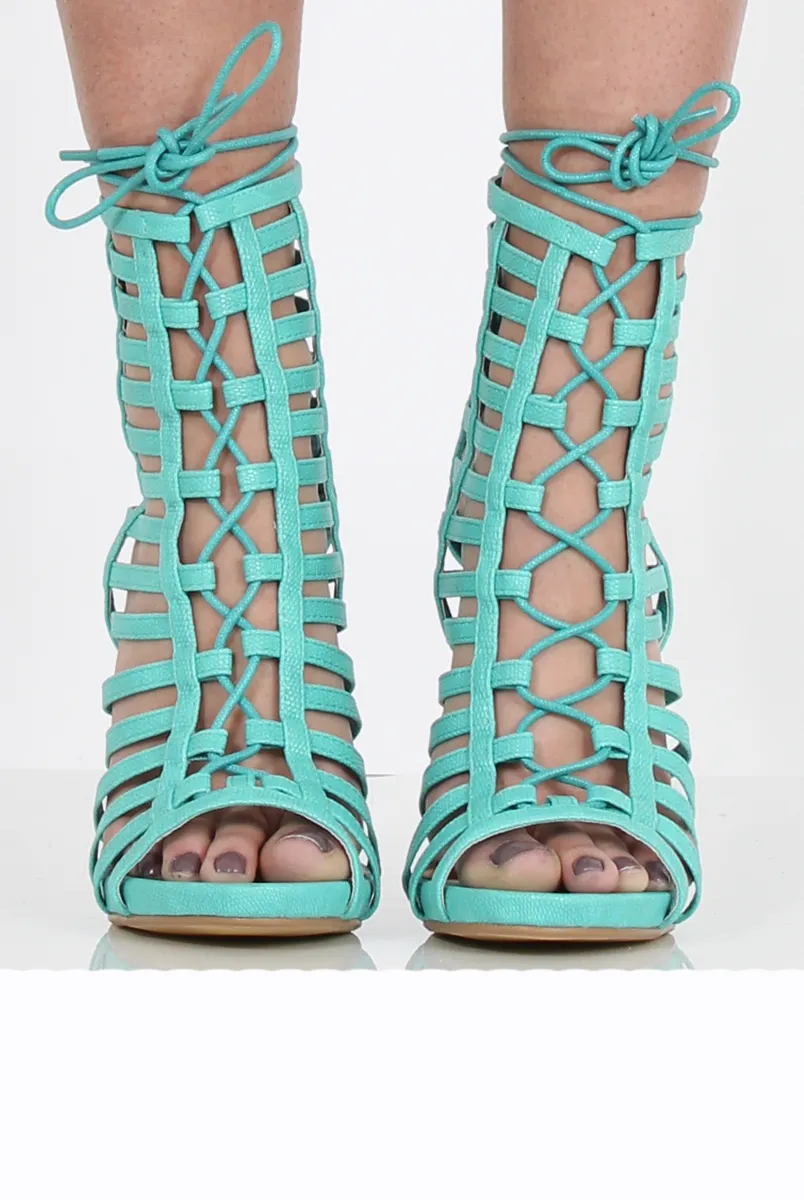 Aqua Caged Lace Up Heels - Jane