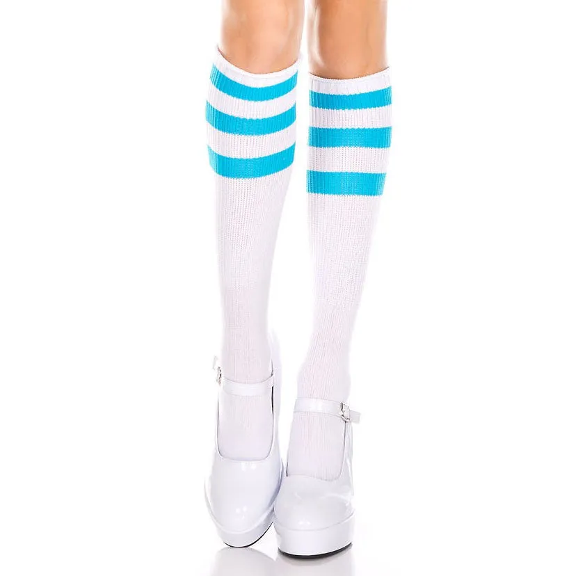 ATHLETIC STRIPE KNEE HIGH SOCKS WHITE/NEON BLUE