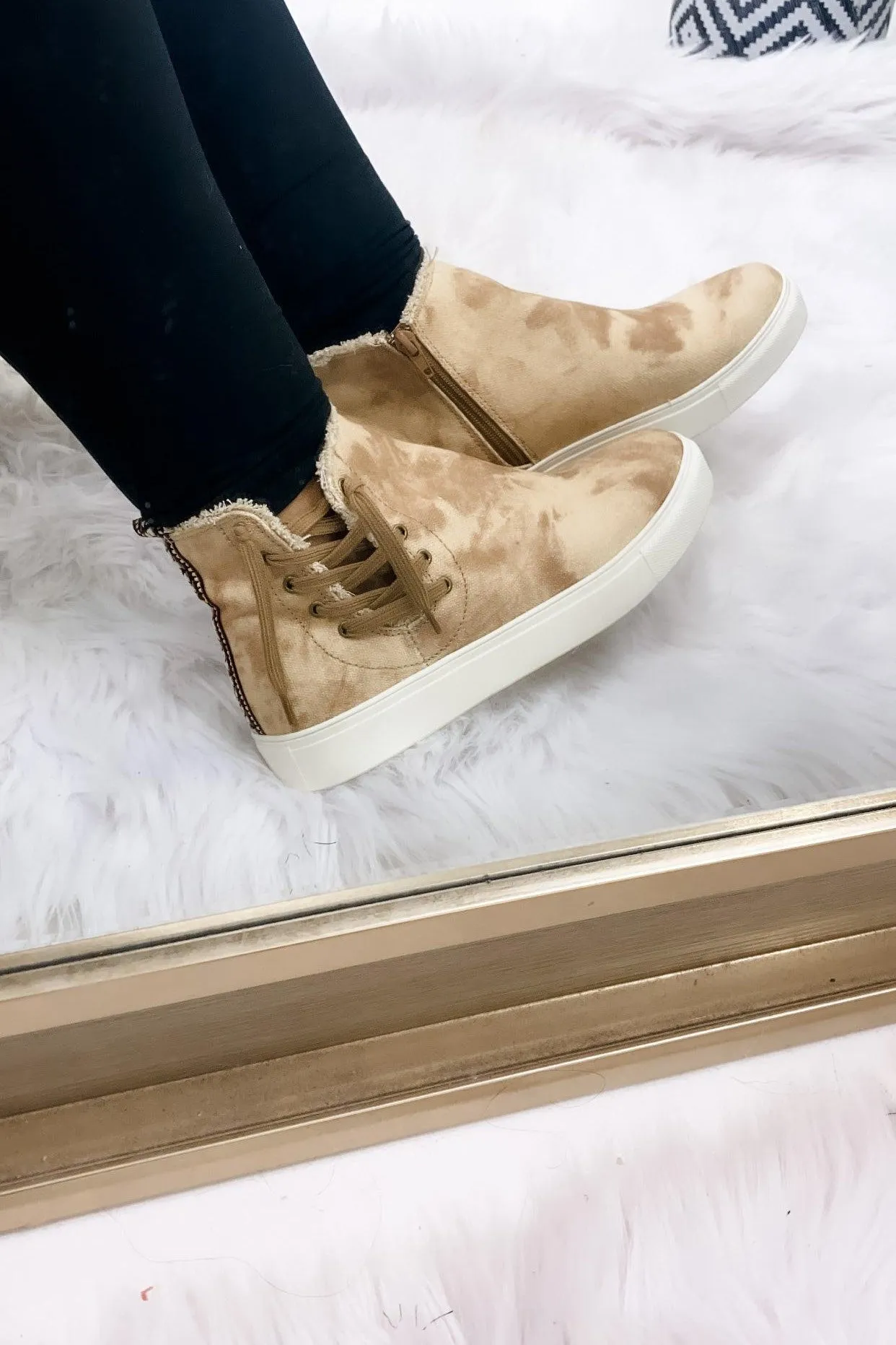 Back In Action- Tan Tie-Dye Zip Up High-Top Sneakers w/ Lace Up Detail