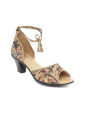 Beige Block Printed Peep-Toe Handcrafted Block Heel Sandals