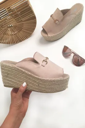 Beige Faux Suede Rope Braid Mule Wedges - Saori