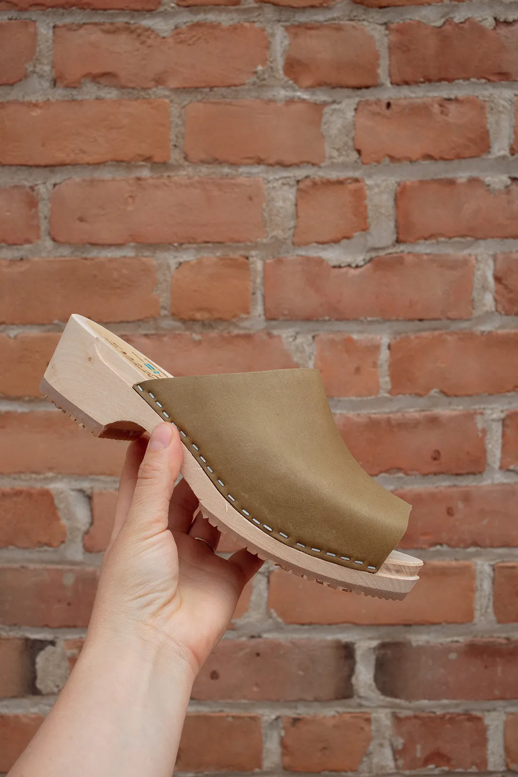 Berit Low Open Clog in Olive Oiled Nubuck