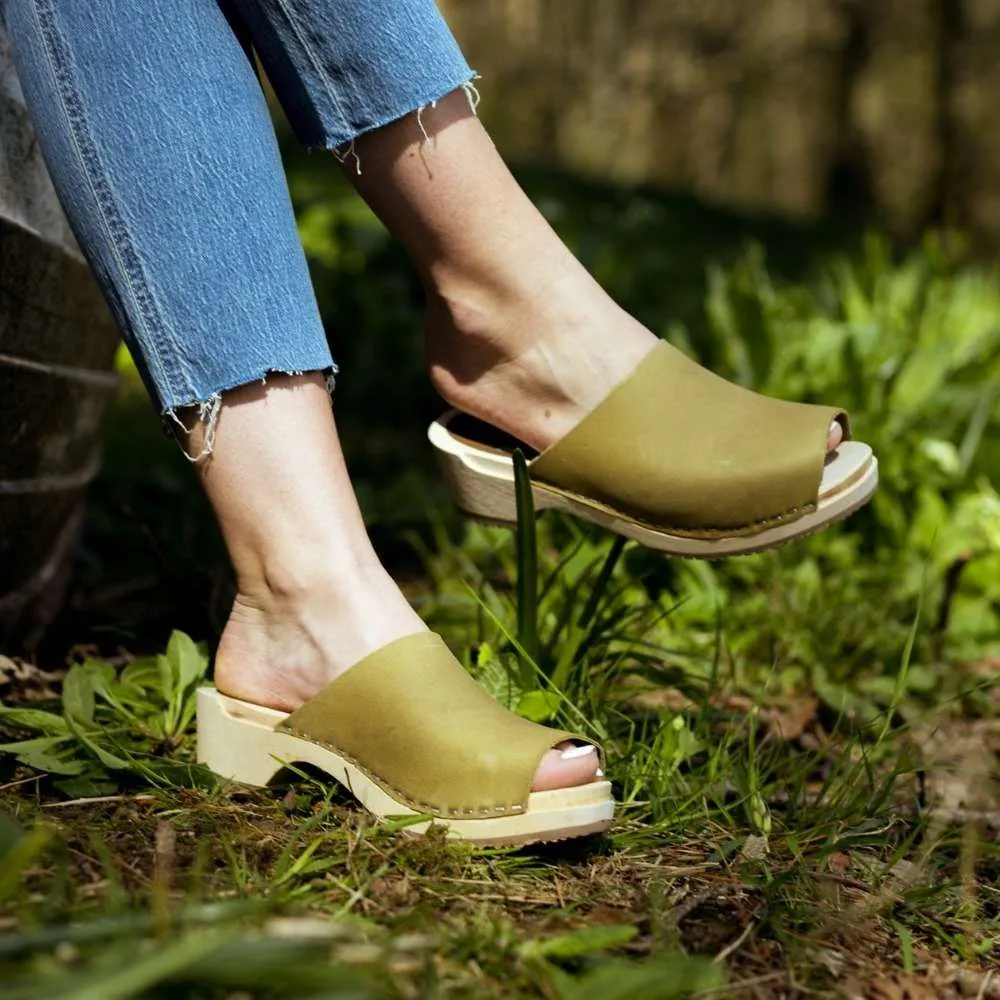 Berit Low Open Clog in Olive Oiled Nubuck