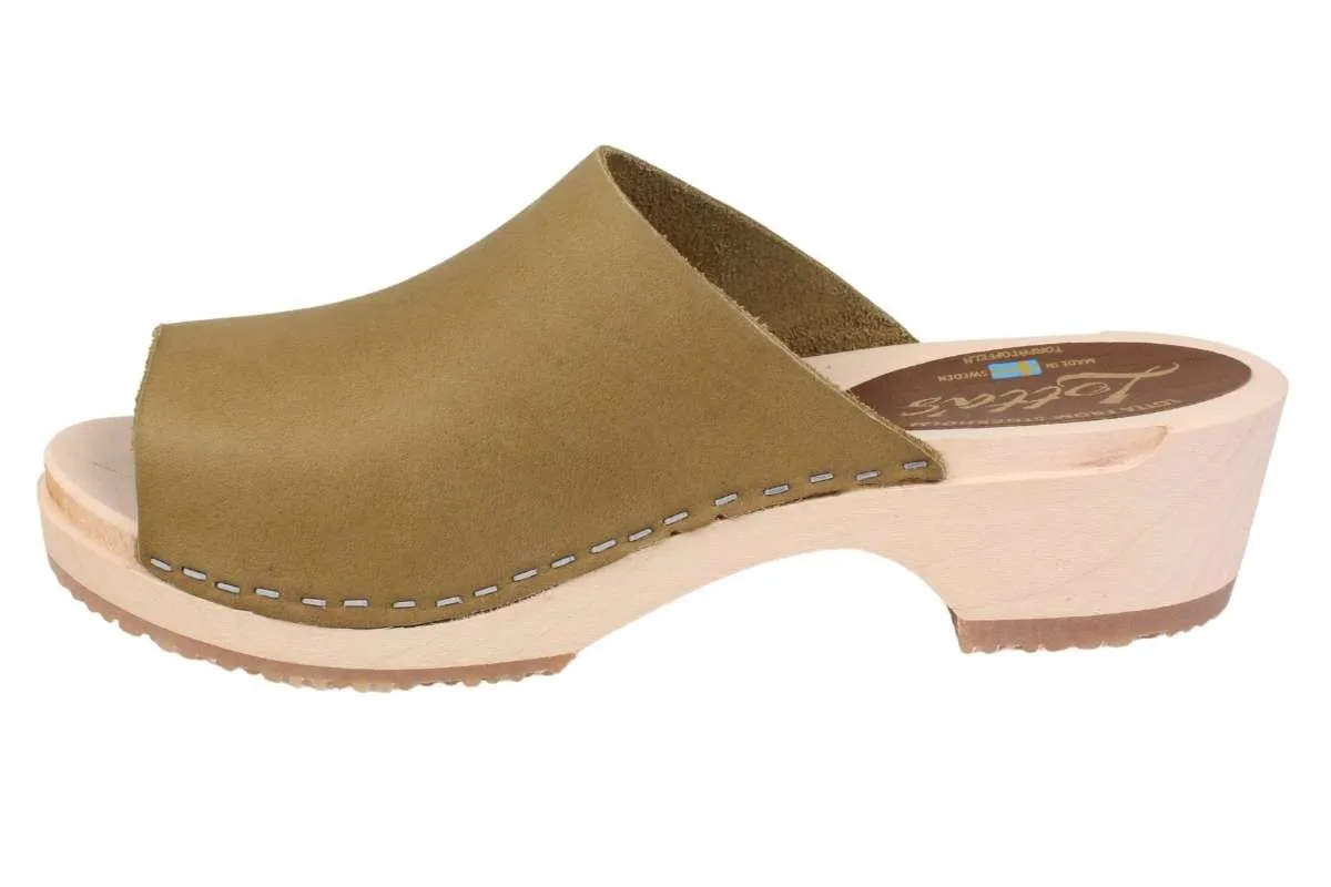 Berit Low Open Clog in Olive Oiled Nubuck