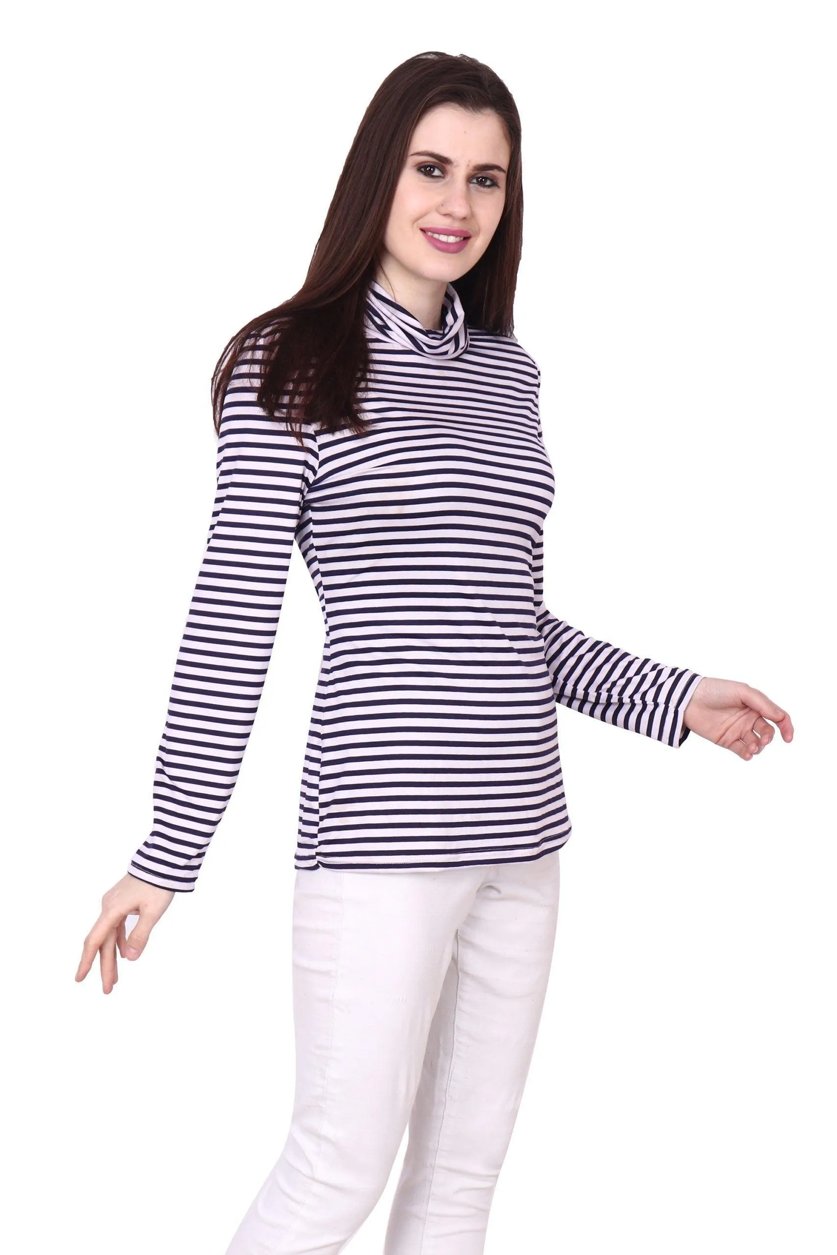 Black & White Striped High Neck Top