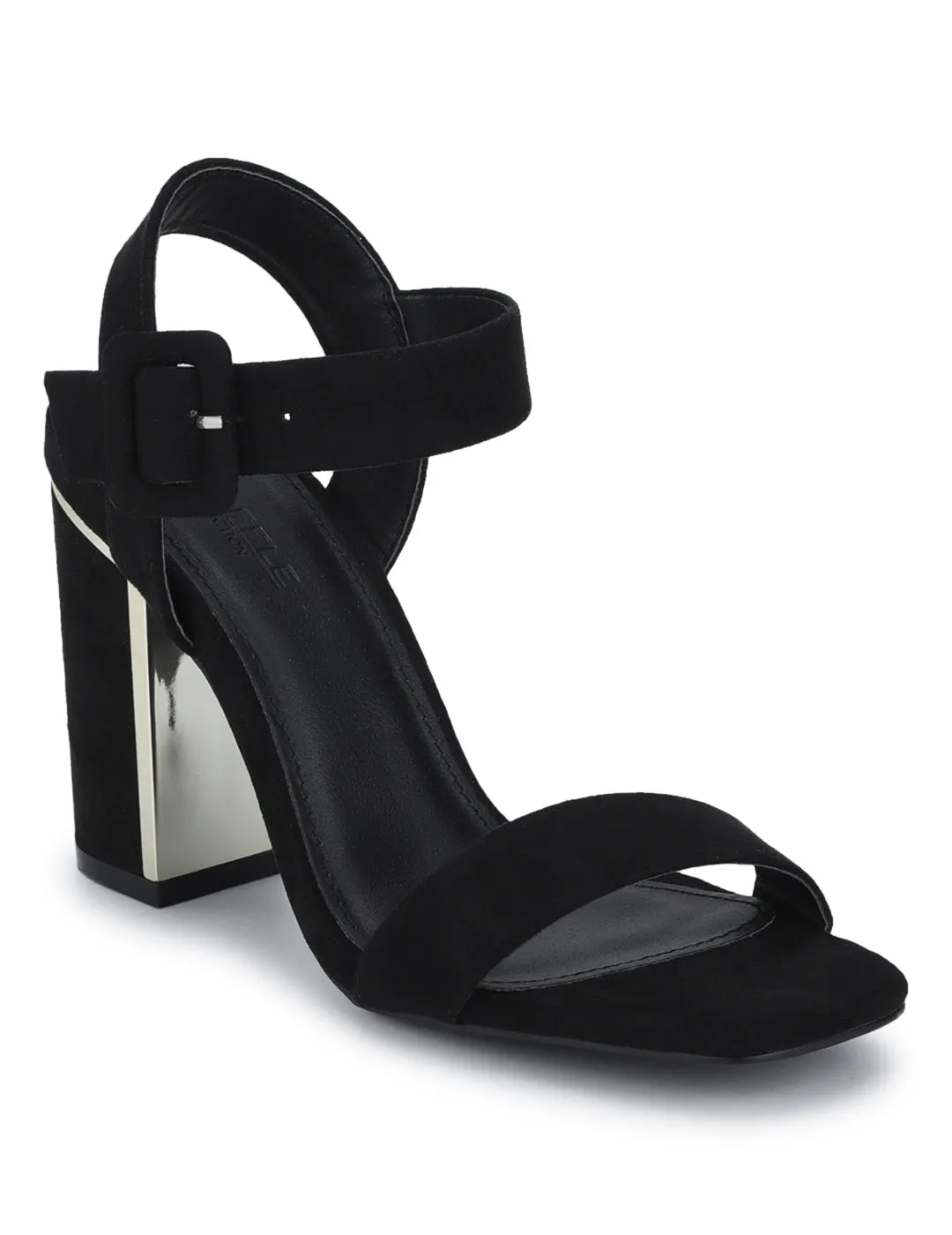 Black Micro Thick Ankle Strap Block Heels