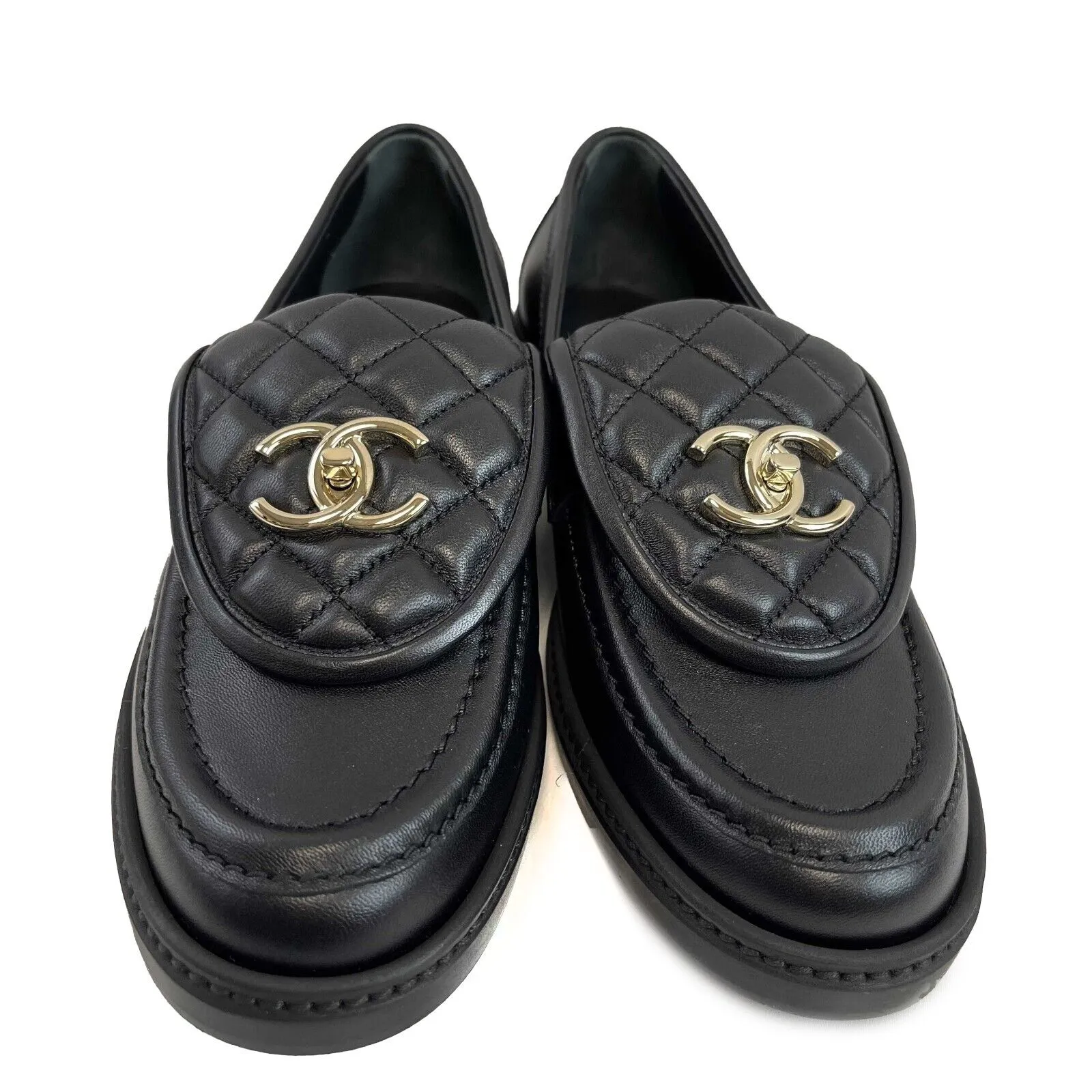 Chanel New w/o Tags Quilted Lambskin CC Turnlock Loafers Black 37.5 US 7.5 Shoes