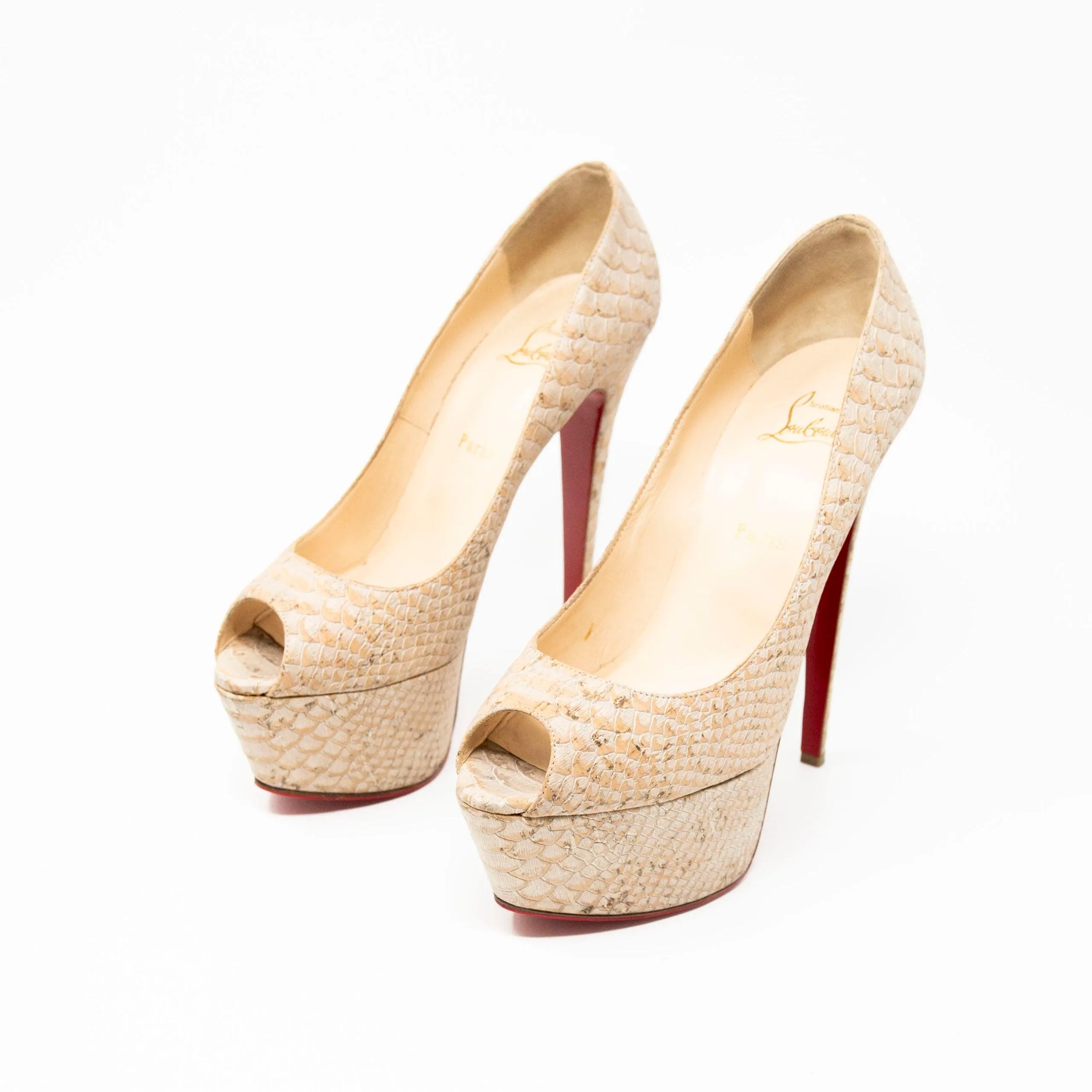 Christian Louboutin Beige Snake Lady Peep Pumps 40.5