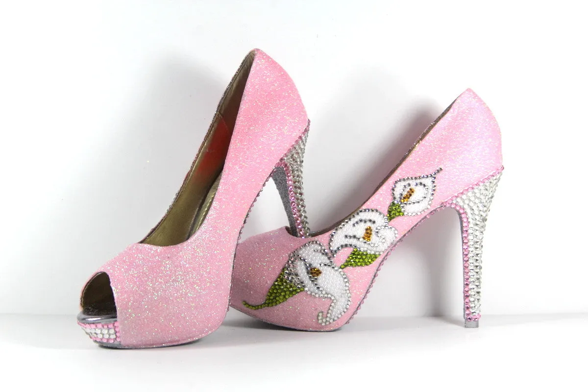 Crystal Cala Lilly & Pink Glitter Heels with Silver Soles