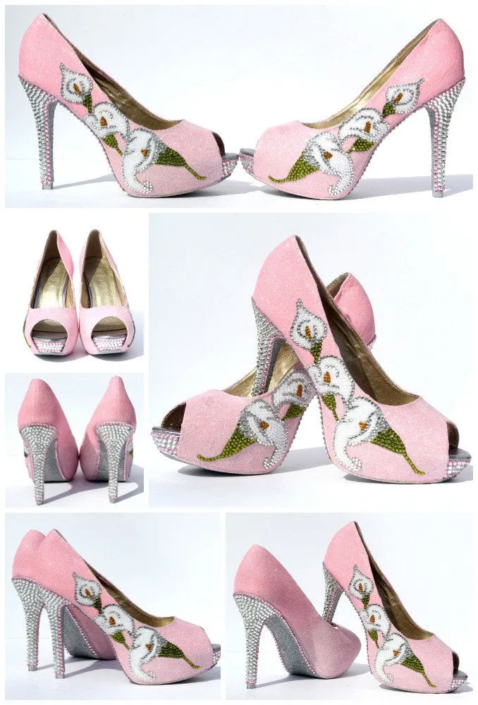 Crystal Cala Lilly & Pink Glitter Heels with Silver Soles