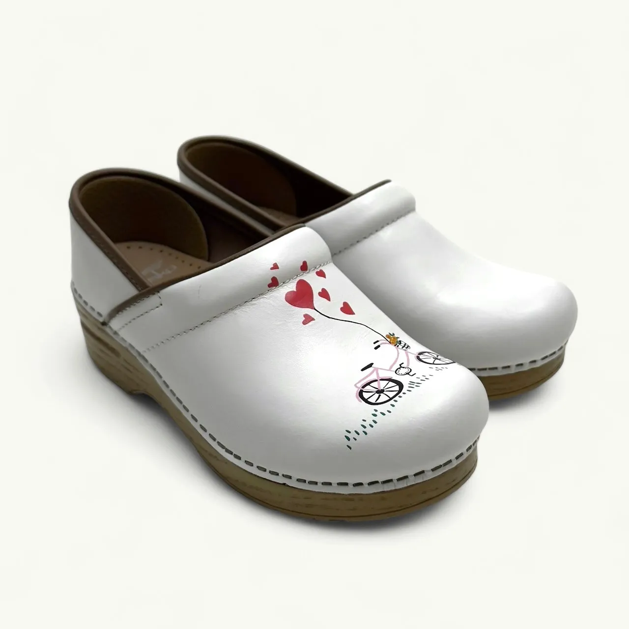 Dansko Twin Pro Leather Clogs | Size 37 (US 6.5-7) | White Leather with Bicycle and Hearts | EUC