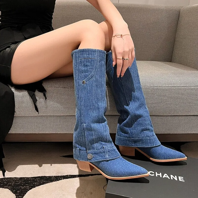 deanwangkt Autumn Boots     Autumn Boots Women Jean Shoes for Women Pointed Toe Chunky Heel Women Boots Fashion Knee-High Boots Retro Long Boots botas mujer