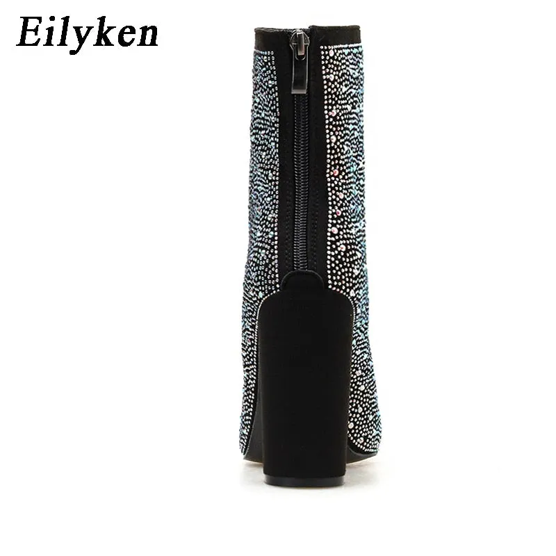 Eilyken 2022 Fashion Sexy Banquet Women&#39;s Boots Thick with Square Head Shiny Rhinestones Thin Nightclub High Heel Boots