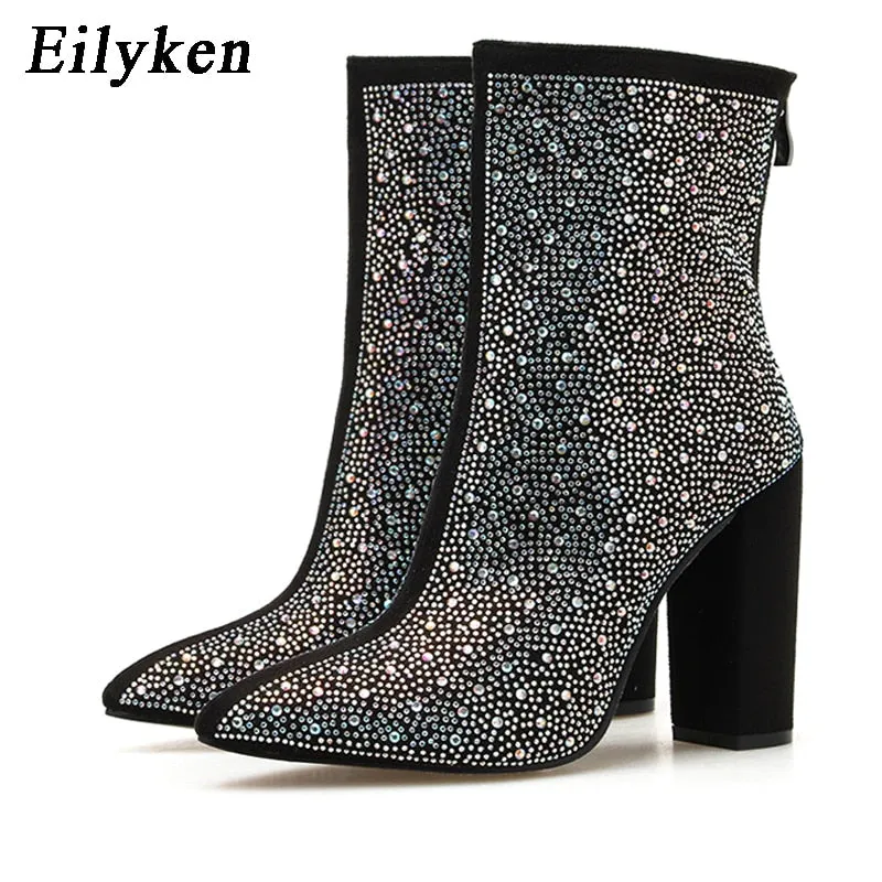 Eilyken 2022 Fashion Sexy Banquet Women&#39;s Boots Thick with Square Head Shiny Rhinestones Thin Nightclub High Heel Boots