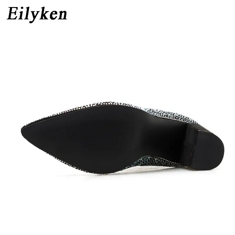 Eilyken 2022 Fashion Sexy Banquet Women&#39;s Boots Thick with Square Head Shiny Rhinestones Thin Nightclub High Heel Boots