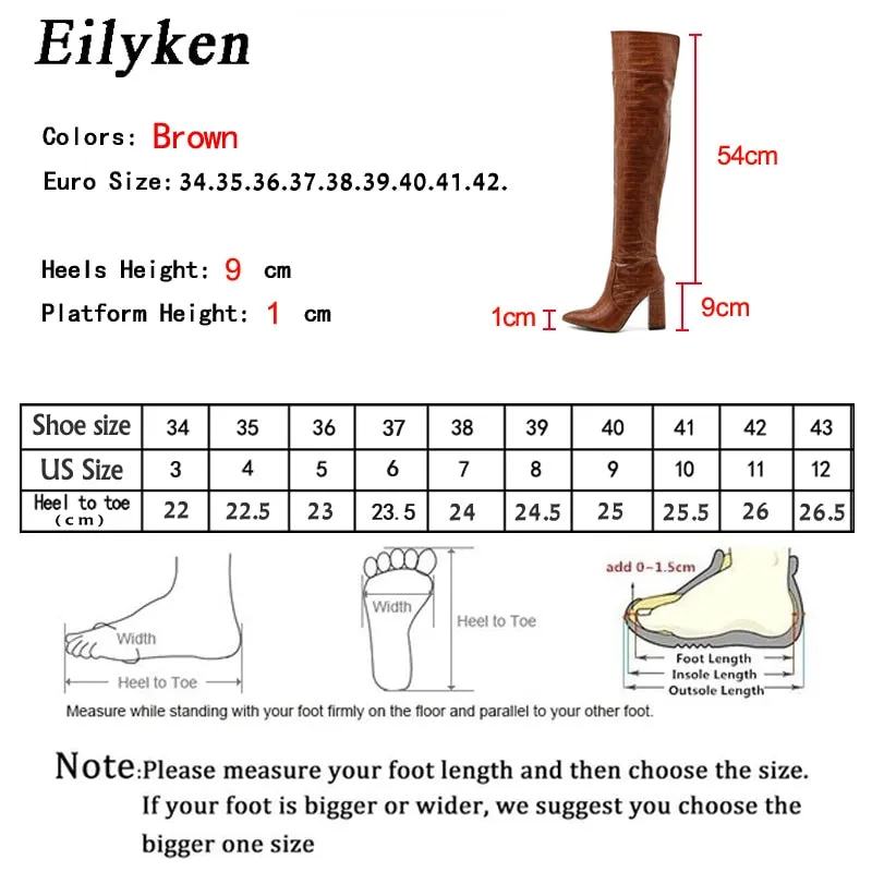 Eilyken 2023 New Style Women Chunky High Heel Boots Designer Shoes Microfiber Leather Long Booties Over-the-Knee Botas De Mujer