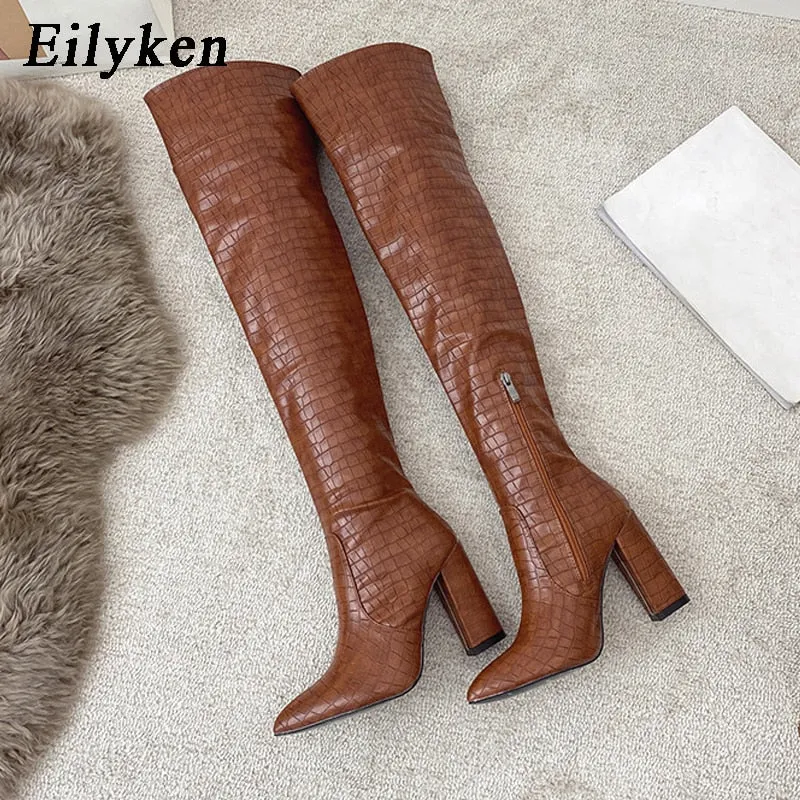 Eilyken 2023 New Style Women Chunky High Heel Boots Designer Shoes Microfiber Leather Long Booties Over-the-Knee Botas De Mujer