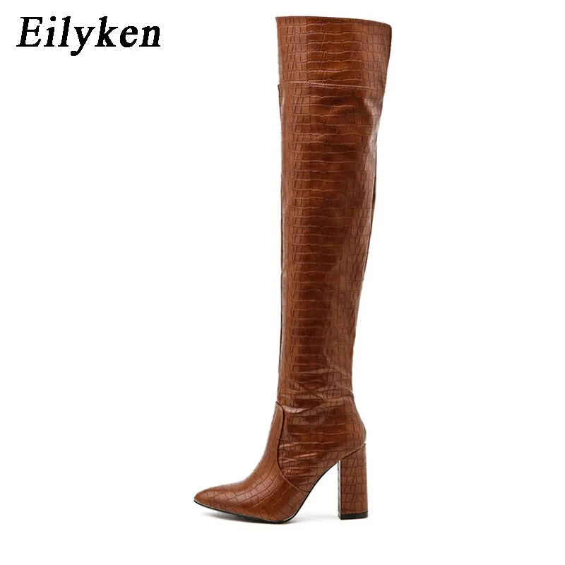 Eilyken 2023 New Style Women Chunky High Heel Boots Designer Shoes Microfiber Leather Long Booties Over-the-Knee Botas De Mujer