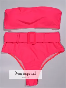 Hot Pink 2 Piece Bikini Tube Bandeau Strapless top and High Waist Belted bottom