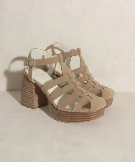 Khaki Open Cut, Platform Chunk Heel With Ankle Strap