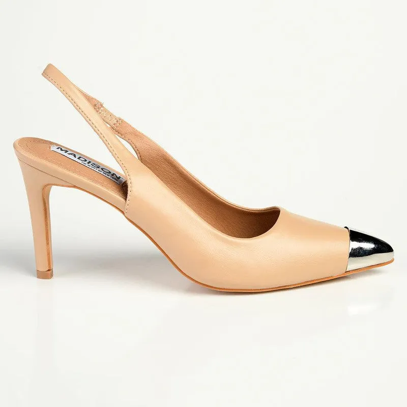 Madison Paola Closed Metal Toe Sling Back - Nude/Silver