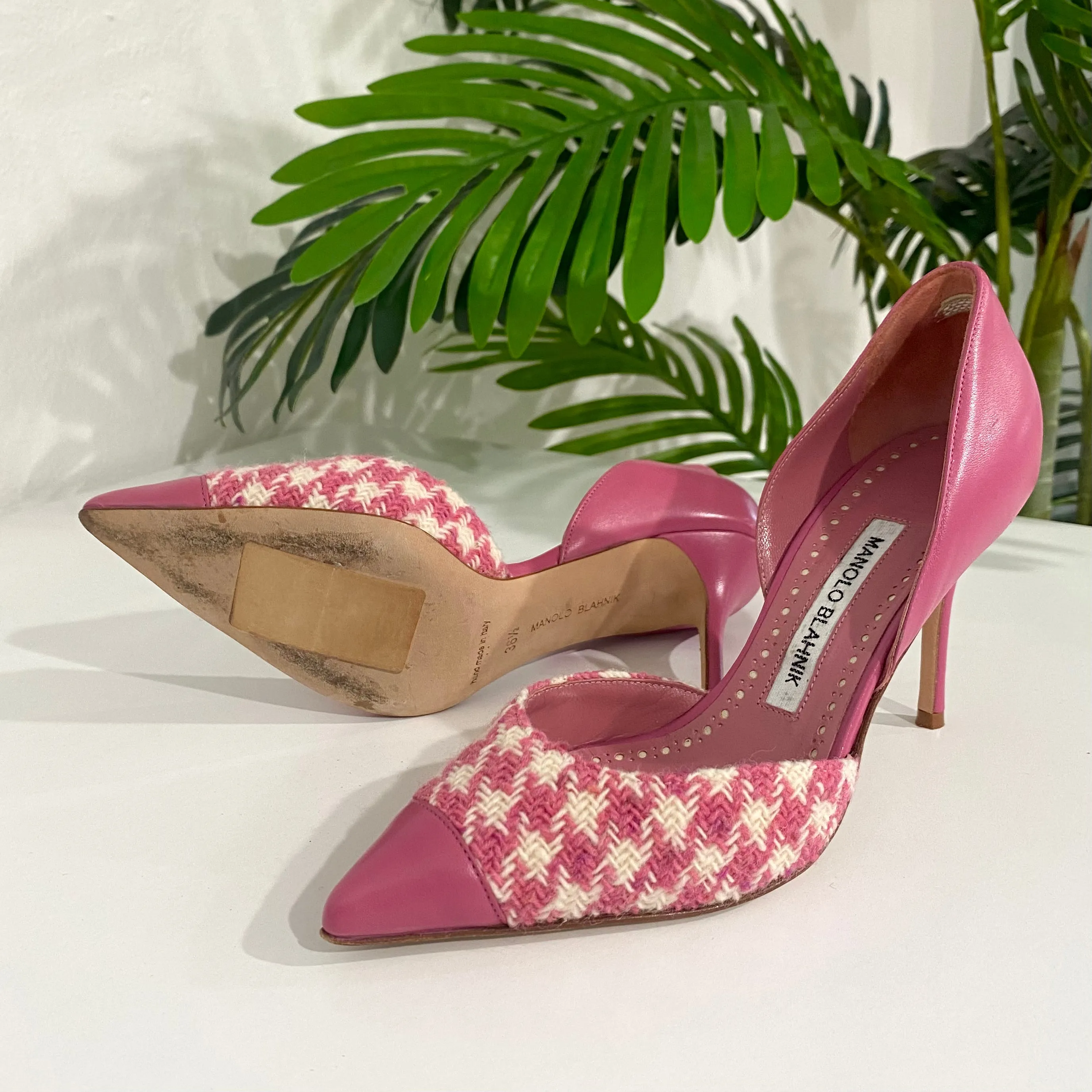 Manolo Blahnik Pink & White Tweed Heels