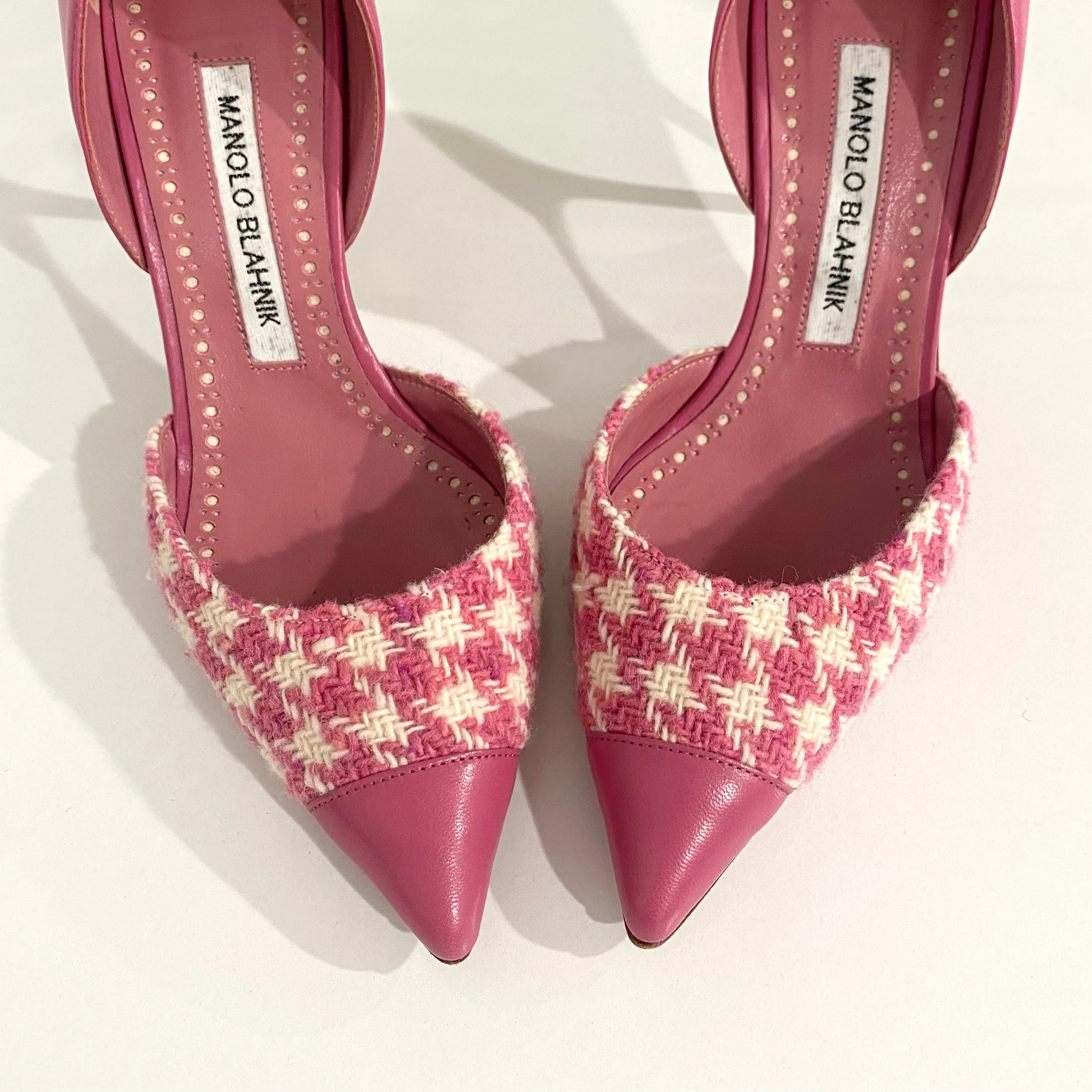 Manolo Blahnik Pink & White Tweed Heels