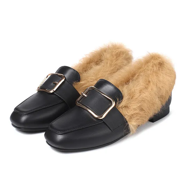 Odetina 2017 New Fashion Women Casual Flat Shoes Real Rabbit Fur Loafers Slip on Flats Square Buckle Shoes Ladies Big Size 32-45