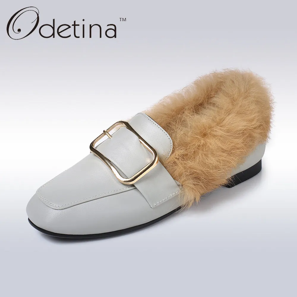 Odetina 2017 New Fashion Women Casual Flat Shoes Real Rabbit Fur Loafers Slip on Flats Square Buckle Shoes Ladies Big Size 32-45