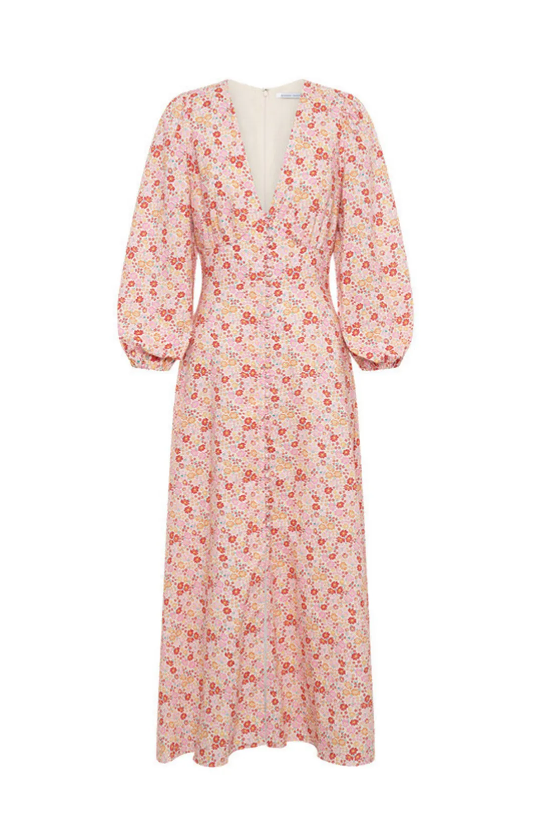 V-Neck Button Front Maxi Dress - Pink Ditsy Floral